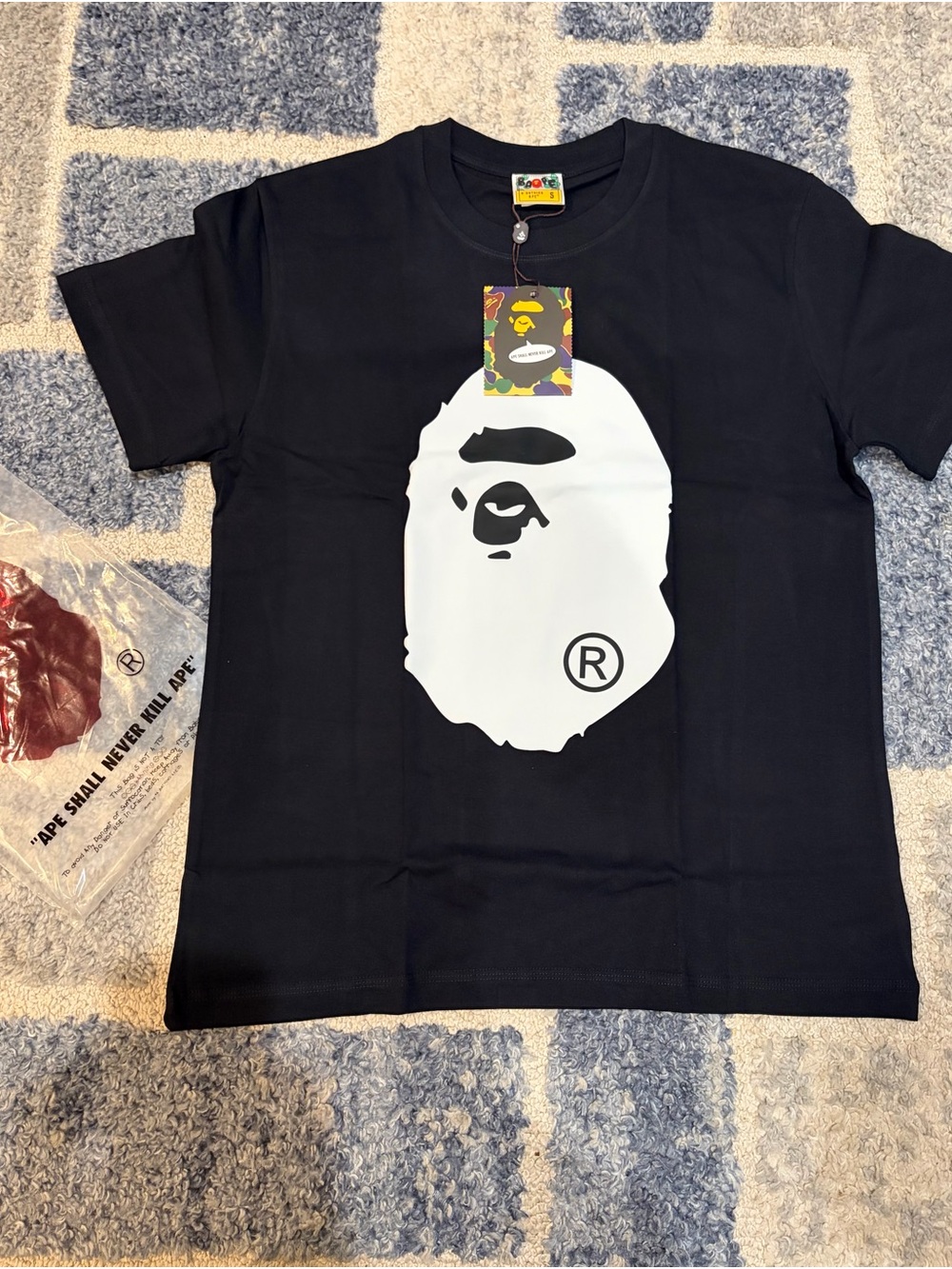Bape Black Short Sleeve Tee with White Ape Head Graphic